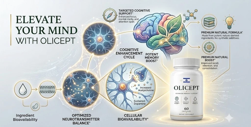 Brand graphic describing ingredient bioavailability, neurotransmitter balance and cellular bioavailability leading to memory and focus support